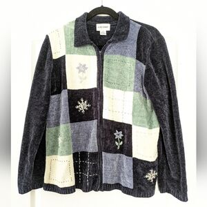 ALFRED DUNNER ZIP SWEATER CARDIGAN Winter Patchwork Blue Embroidered‎ Sequin